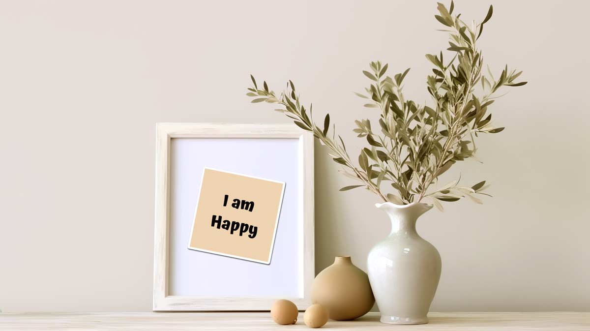 positive affirmation magnet saying I Am Happy displayed in home decor